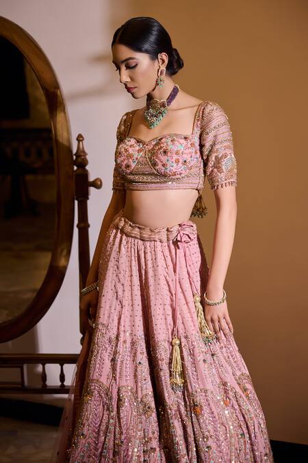 Irrau By Samir Mantri_Pink Crepe, Net Beads, Embroidery, Sequins, Raahi Paisley Bridal Lehenga Set _at_Aza_Fashions