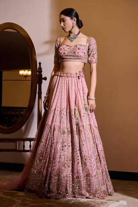 Buy_Irrau By Samir Mantri_Pink Crepe, Net Beads, Embroidery, Sequins, Raahi Paisley Bridal Lehenga Set 