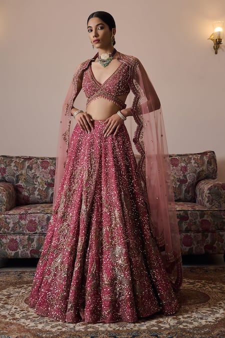 Irrau by Samir Mantri Pink Net Embroidery Sequin V Neck Tvisha Floral Bridal Lehenga Set