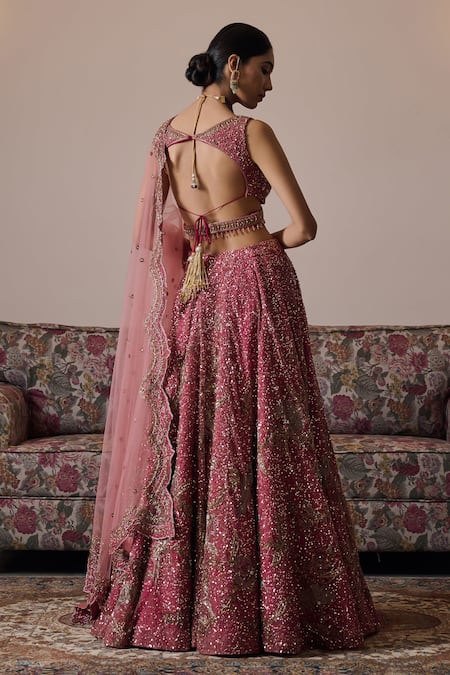 Shop Irrau By Samir Mantri Pink Net Beads, Sequins V-neck Tvisha Floral Embroidered Bridal Lehenga Set at Aza Fashions Shop_Irrau By Samir Mantri_Pink Net Beads, Sequins V-neck Tvisha Floral Embroidered Bridal Lehenga Set _at_Aza_Fashions