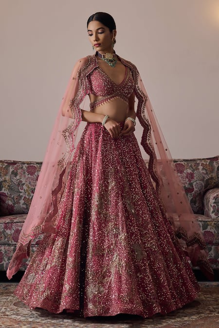 Irrau By Samir Mantri Pink Net Beads, Sequins V-neck Tvisha Floral Embroidered Bridal Lehenga Set Online at Aza Fashions Irrau By Samir Mantri_Pink Net Beads, Sequins V-neck Tvisha Floral Embroidered Bridal Lehenga Set _Online_at_Aza_Fashions