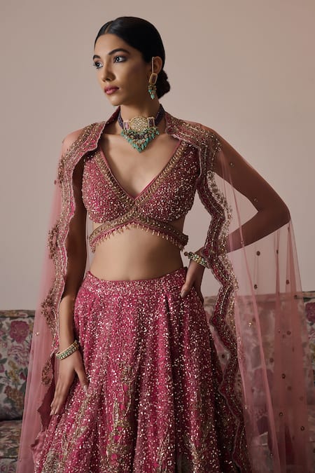 Buy Irrau By Samir Mantri Pink Net Beads, Sequins V-neck Tvisha Floral Embroidered Bridal Lehenga Set Online at Aza Fashions Buy_Irrau By Samir Mantri_Pink Net Beads, Sequins V-neck Tvisha Floral Embroidered Bridal Lehenga Set _Online_at_Aza_Fashions