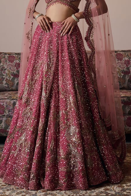 Shop Irrau By Samir Mantri Pink Net Beads, Sequins V-neck Tvisha Floral Embroidered Bridal Lehenga Set Online at Aza Fashions Shop_Irrau By Samir Mantri_Pink Net Beads, Sequins V-neck Tvisha Floral Embroidered Bridal Lehenga Set _Online_at_Aza_Fashions