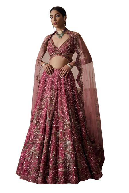 Irrau By Samir Mantri Pink Net Beads, Sequins V-neck Tvisha Floral Embroidered Bridal Lehenga Set at Aza Fashions Irrau By Samir Mantri_Pink Net Beads, Sequins V-neck Tvisha Floral Embroidered Bridal Lehenga Set _at_Aza_Fashions