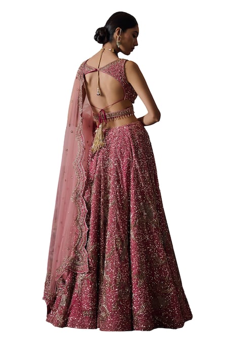 Buy Irrau By Samir Mantri Pink Net Beads, Sequins V-neck Tvisha Floral Embroidered Bridal Lehenga Set Buy_Irrau By Samir Mantri_Pink Net Beads, Sequins V-neck Tvisha Floral Embroidered Bridal Lehenga Set