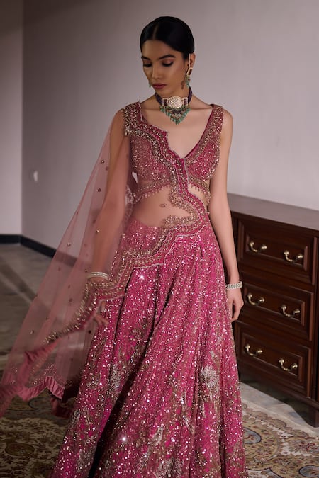 Shop Irrau By Samir Mantri Pink Net Beads, Sequins V-neck Tvisha Floral Embroidered Bridal Lehenga Set Shop_Irrau By Samir Mantri_Pink Net Beads, Sequins V-neck Tvisha Floral Embroidered Bridal Lehenga Set