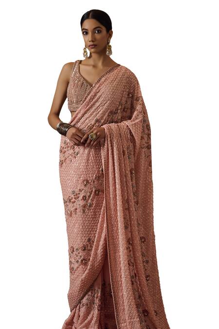 Irrau By Samir Mantri Peach Georgette, Crepe Reeva Diagonal Floral Vine Embroidered Saree With Blouse Online at Aza Fashions Irrau By Samir Mantri_Peach Georgette, Crepe Reeva Diagonal Floral Vine Embroidered Saree With Blouse _Online_at_Aza_Fashions