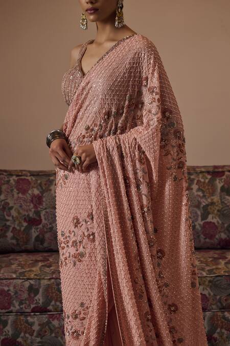 Buy Irrau By Samir Mantri Peach Georgette, Crepe Reeva Diagonal Floral Vine Embroidered Saree With Blouse Online at Aza Fashions Buy_Irrau By Samir Mantri_Peach Georgette, Crepe Reeva Diagonal Floral Vine Embroidered Saree With Blouse _Online_at_Aza_Fashions