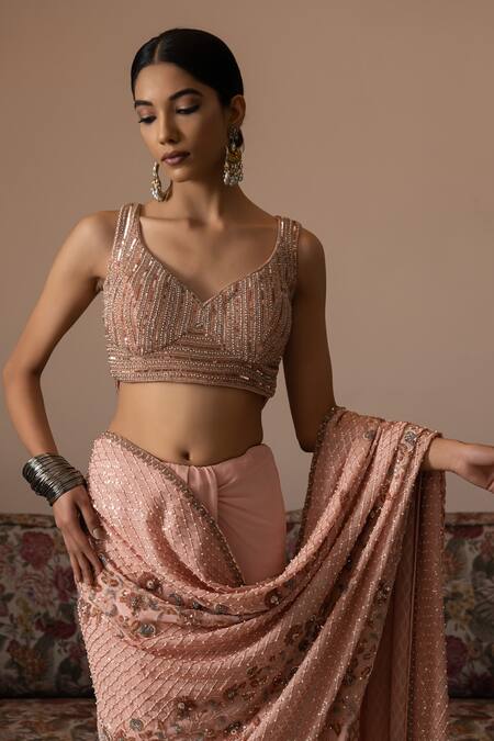 Irrau By Samir Mantri Peach Georgette, Crepe Reeva Diagonal Floral Vine Embroidered Saree With Blouse at Aza Fashions Irrau By Samir Mantri_Peach Georgette, Crepe Reeva Diagonal Floral Vine Embroidered Saree With Blouse _at_Aza_Fashions
