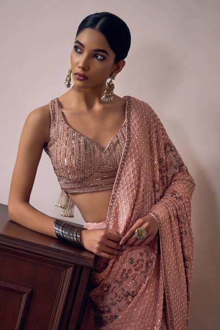 Buy Irrau By Samir Mantri Peach Georgette, Crepe Reeva Diagonal Floral Vine Embroidered Saree With Blouse Buy_Irrau By Samir Mantri_Peach Georgette, Crepe Reeva Diagonal Floral Vine Embroidered Saree With Blouse