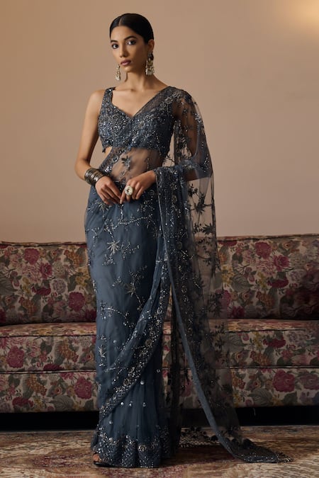 Irrau by Samir Mantri Grey Blouse And Saree Net Embroidery Sequin V Neck Avani Flower With 