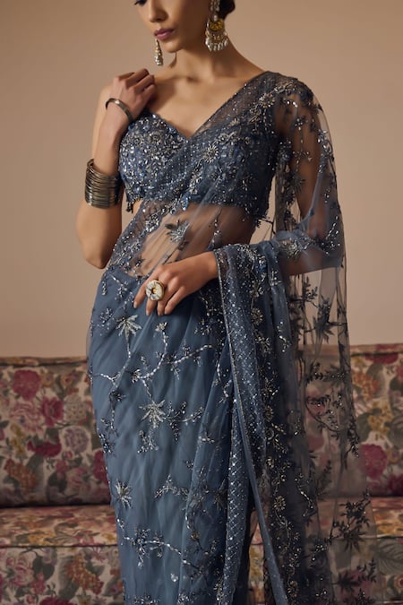 Irrau By Samir Mantri Grey Net, Crepe Sequins, Beads, Cut Avani Flower Embroidered Saree With Blouse Online at Aza Fashions Irrau By Samir Mantri_Grey Net, Crepe Sequins, Beads, Cut Avani Flower Embroidered Saree With Blouse _Online_at_Aza_Fashions
