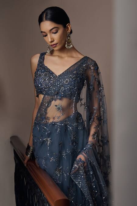 Buy Irrau By Samir Mantri Grey Net, Crepe Sequins, Beads, Cut Avani Flower Embroidered Saree With Blouse Online at Aza Fashions Buy_Irrau By Samir Mantri_Grey Net, Crepe Sequins, Beads, Cut Avani Flower Embroidered Saree With Blouse _Online_at_Aza_Fashions