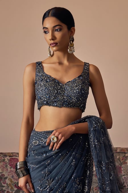 Shop Irrau By Samir Mantri Grey Net, Crepe Sequins, Beads, Cut Avani Flower Embroidered Saree With Blouse Online at Aza Fashions Shop_Irrau By Samir Mantri_Grey Net, Crepe Sequins, Beads, Cut Avani Flower Embroidered Saree With Blouse _Online_at_Aza_Fashions