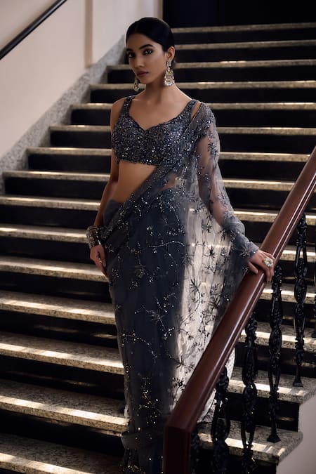 Irrau By Samir Mantri Grey Net, Crepe Sequins, Beads, Cut Avani Flower Embroidered Saree With Blouse at Aza Fashions Irrau By Samir Mantri_Grey Net, Crepe Sequins, Beads, Cut Avani Flower Embroidered Saree With Blouse _at_Aza_Fashions