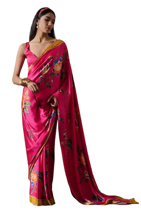 Irrau By Samir Mantri_Fuchsia Satin V-neck Anaya Floral Print Saree With Blouse _Online_at_Aza_Fashions