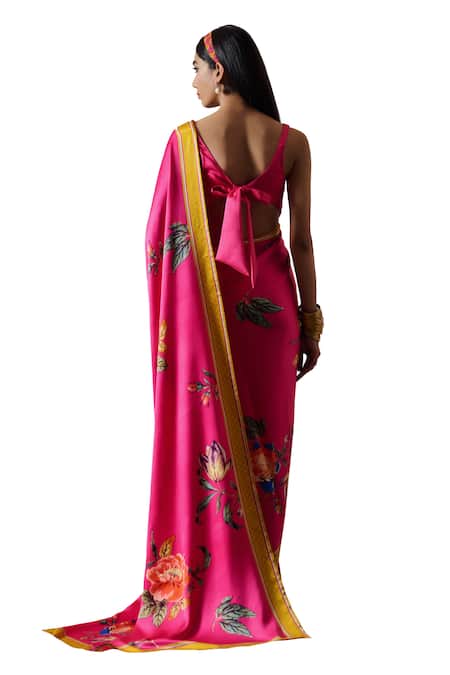 Shop_Irrau By Samir Mantri_Fuchsia Satin V-neck Anaya Floral Print Saree With Blouse _Online_at_Aza_Fashions