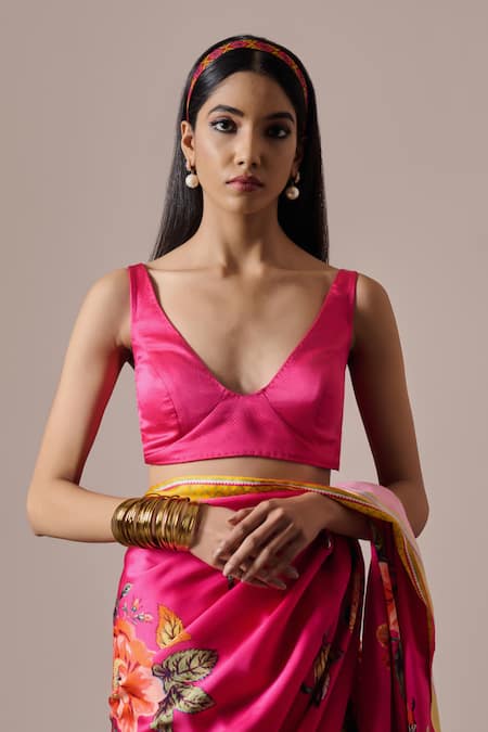 Irrau By Samir Mantri_Fuchsia Satin V-neck Anaya Floral Print Saree With Blouse _at_Aza_Fashions