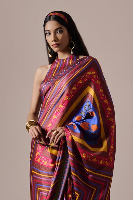 Irrau By Samir Mantri Multi Color Satin Halter Neck Multicolor Floral Stripe Print Saree Set Online at Aza Fashions Irrau By Samir Mantri_Multi Color Satin Halter Neck Multicolor Floral Stripe Print Saree Set _Online_at_Aza_Fashions