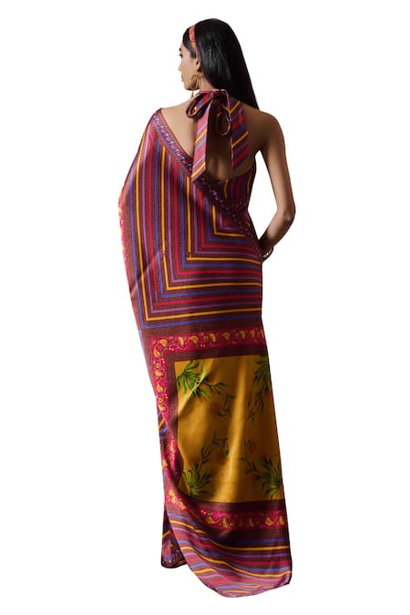 Shop Irrau By Samir Mantri Multi Color Satin Halter Neck Multicolor Floral Stripe Print Saree Set Online at Aza Fashions Shop_Irrau By Samir Mantri_Multi Color Satin Halter Neck Multicolor Floral Stripe Print Saree Set _Online_at_Aza_Fashions