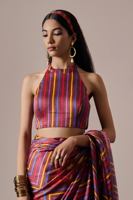 Irrau By Samir Mantri Multi Color Satin Halter Neck Multicolor Floral Stripe Print Saree Set at Aza Fashions Irrau By Samir Mantri_Multi Color Satin Halter Neck Multicolor Floral Stripe Print Saree Set _at_Aza_Fashions