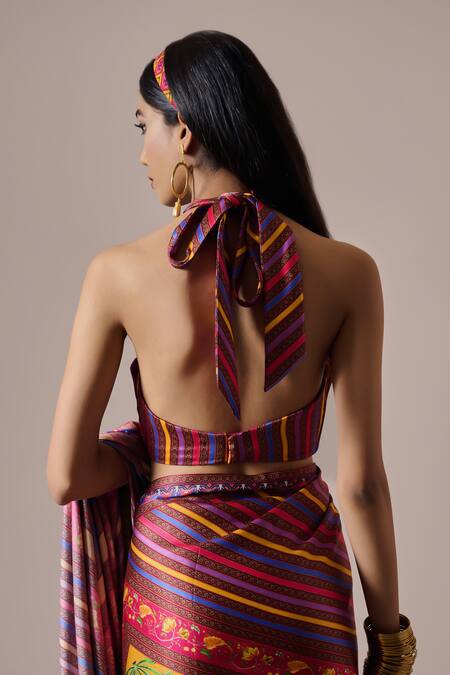 Buy Irrau By Samir Mantri Multi Color Satin Halter Neck Multicolor Floral Stripe Print Saree Set Buy_Irrau By Samir Mantri_Multi Color Satin Halter Neck Multicolor Floral Stripe Print Saree Set