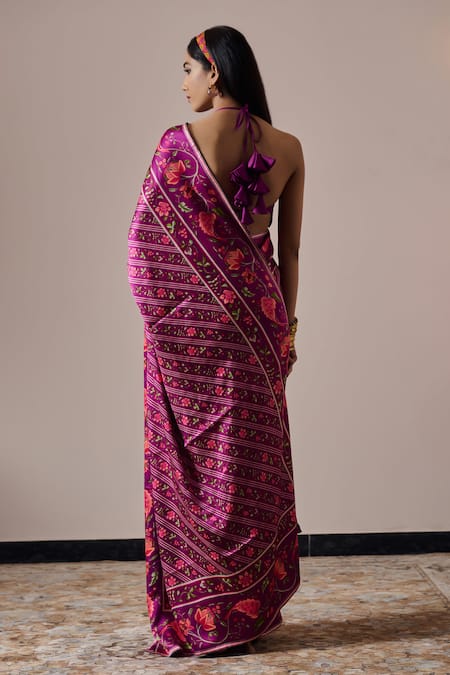 Shop Irrau By Samir Mantri Purple Satin Embroidery Halter Neck Tara Floral Vine Print Saree With Blouse at Aza Fashions Shop_Irrau By Samir Mantri_Purple Satin Embroidery Halter Neck Tara Floral Vine Print Saree With Blouse _at_Aza_Fashions