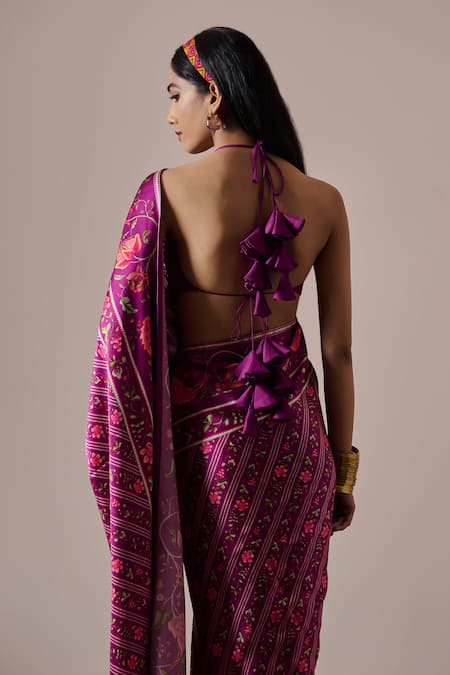 Shop Irrau By Samir Mantri Purple Satin Embroidery Halter Neck Tara Floral Vine Print Saree With Blouse Online at Aza Fashions Shop_Irrau By Samir Mantri_Purple Satin Embroidery Halter Neck Tara Floral Vine Print Saree With Blouse _Online_at_Aza_Fashions