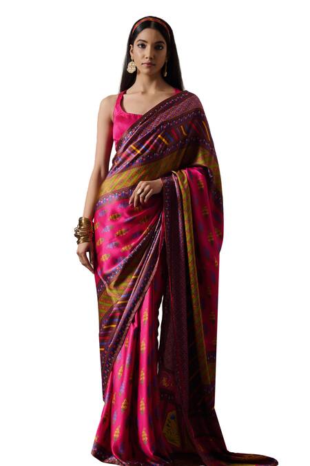 Irrau By Samir Mantri_Multi Color Satin Square Neck Ashni Florette Print Saree With Blouse _Online_at_Aza_Fashions