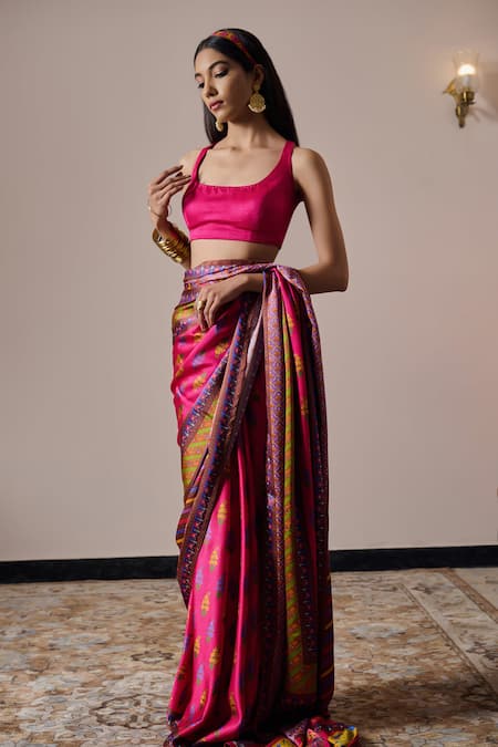 Irrau By Samir Mantri_Multi Color Satin Square Neck Ashni Florette Print Saree With Blouse _at_Aza_Fashions