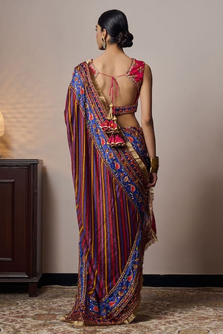 Shop_Irrau By Samir Mantri_Multi Color Chiffon Cut Work, Sequins, Zari V-neck Mahi Floral Print Blouse_at_Aza_Fashions