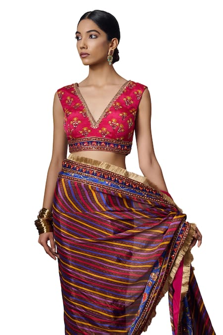 Buy_Irrau By Samir Mantri_Multi Color Chiffon Cut Work, Sequins, Zari V-neck Mahi Floral Print Blouse_Online_at_Aza_Fashions