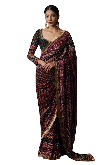 Buy_Irrau By Samir Mantri_Multi Color Georgette Beads, Cut Work Panchali Floral Print Saree _Online_at_Aza_Fashions