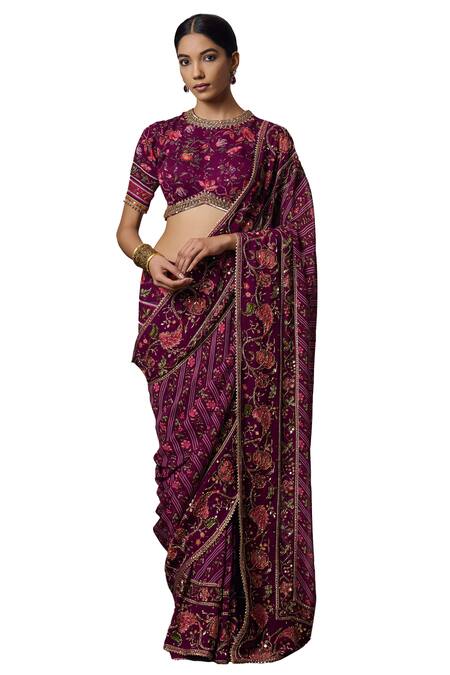 Irrau By Samir Mantri_Purple Georgette Beads, Sequins Nimi Border Embroidered Saree _Online_at_Aza_Fashions