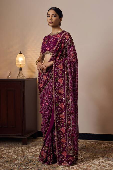 Buy_Irrau By Samir Mantri_Purple Georgette Beads, Sequins Nimi Border Embroidered Saree _Online_at_Aza_Fashions