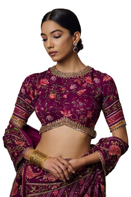 Buy_Irrau By Samir Mantri_Purple Georgette Embroidery, Sequins Round Neck Nimi Floral Print Blouse_Online_at_Aza_Fashions