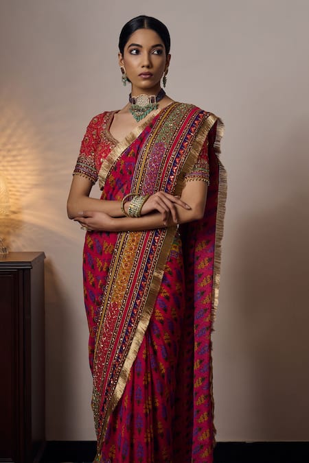 Irrau by Samir Mantri Multi Color Georgette Embroidery Zari Thread Leaf Neck Anji Floral Blouse 