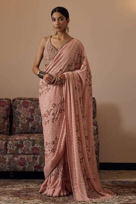 Irrau by Samir Mantri Peach Georgette Embroidery Sequin Reeva Diagonal Floral Vine Saree 