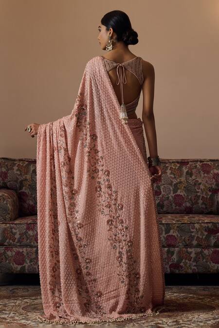 Shop Irrau By Samir Mantri Peach Georgette Sequins, Beads, Cut Work Reeva Stripe Embroidered Blouse at Aza Fashions Shop_Irrau By Samir Mantri_Peach Georgette Sequins, Beads, Cut Work Reeva Stripe Embroidered Blouse_at_Aza_Fashions