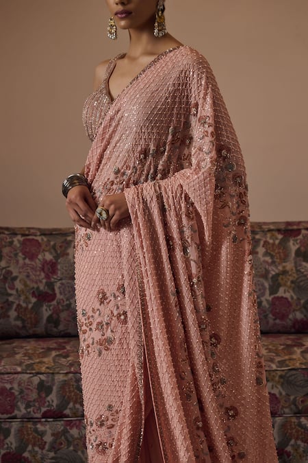 Shop Irrau By Samir Mantri Peach Georgette Sequins, Beads, Cut Work Reeva Stripe Embroidered Blouse Online at Aza Fashions Shop_Irrau By Samir Mantri_Peach Georgette Sequins, Beads, Cut Work Reeva Stripe Embroidered Blouse_Online_at_Aza_Fashions