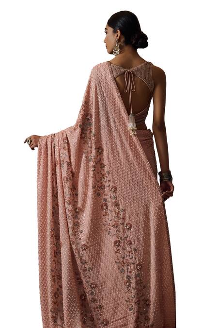 Irrau By Samir Mantri Peach Georgette Sequins, Beads, Cut Work Reeva Stripe Embroidered Blouse at Aza Fashions Irrau By Samir Mantri_Peach Georgette Sequins, Beads, Cut Work Reeva Stripe Embroidered Blouse_at_Aza_Fashions