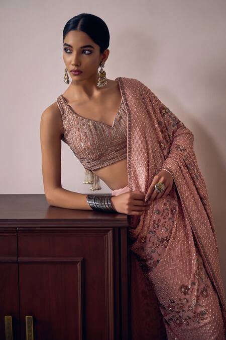 Buy Irrau By Samir Mantri Peach Georgette Sequins, Beads, Cut Work Reeva Stripe Embroidered Blouse Buy_Irrau By Samir Mantri_Peach Georgette Sequins, Beads, Cut Work Reeva Stripe Embroidered Blouse