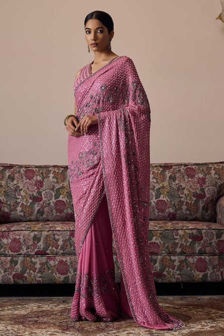 Irrau by Samir Mantri Pink Georgette Embroidery Sequin Alika Flower Saree 