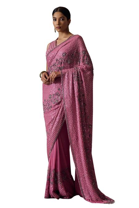 Irrau By Samir Mantri Pink Georgette Sequins, Beads, Cut Work Alika Flower Embroidered Saree Online at Aza Fashions Irrau By Samir Mantri_Pink Georgette Sequins, Beads, Cut Work Alika Flower Embroidered Saree _Online_at_Aza_Fashions