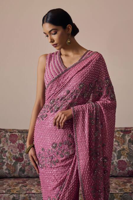 Buy Irrau By Samir Mantri Pink Georgette Sequins, Beads, Cut Work Alika Flower Embroidered Saree Online at Aza Fashions Buy_Irrau By Samir Mantri_Pink Georgette Sequins, Beads, Cut Work Alika Flower Embroidered Saree _Online_at_Aza_Fashions