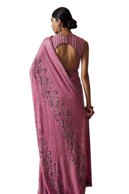Shop Irrau By Samir Mantri Pink Georgette Sequins, Beads, Cut Work Alika Flower Embroidered Saree Online at Aza Fashions Shop_Irrau By Samir Mantri_Pink Georgette Sequins, Beads, Cut Work Alika Flower Embroidered Saree _Online_at_Aza_Fashions