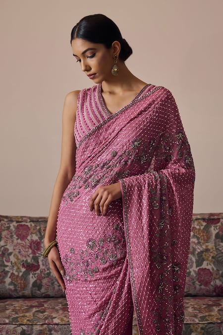 Irrau by Samir Mantri Pink Georgette Embroidery Sequin V Neck Alika Work Blouse 