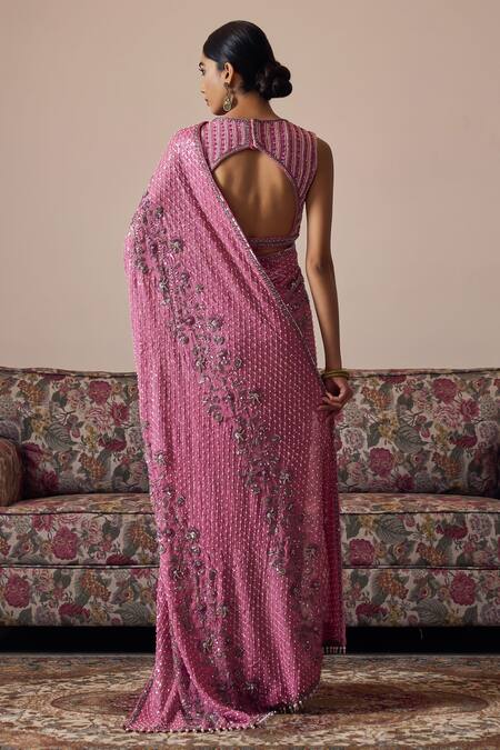 Shop_Irrau By Samir Mantri_Pink Georgette Sequins, Beads, Cut Work V-neck Alika Blouse_at_Aza_Fashions