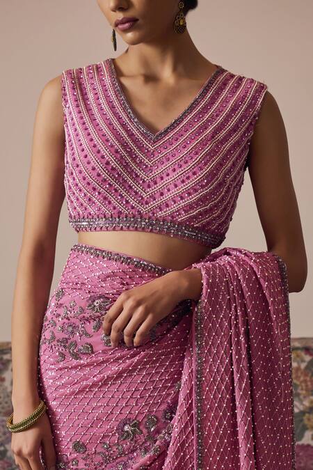 Shop_Irrau By Samir Mantri_Pink Georgette Sequins, Beads, Cut Work V-neck Alika Blouse_Online_at_Aza_Fashions