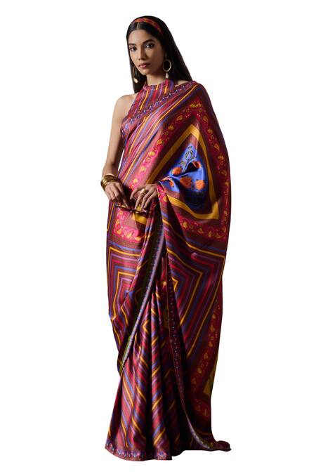 Buy_Irrau By Samir Mantri_Multi Color Satin Sarayi Geometric Print Saree _Online_at_Aza_Fashions